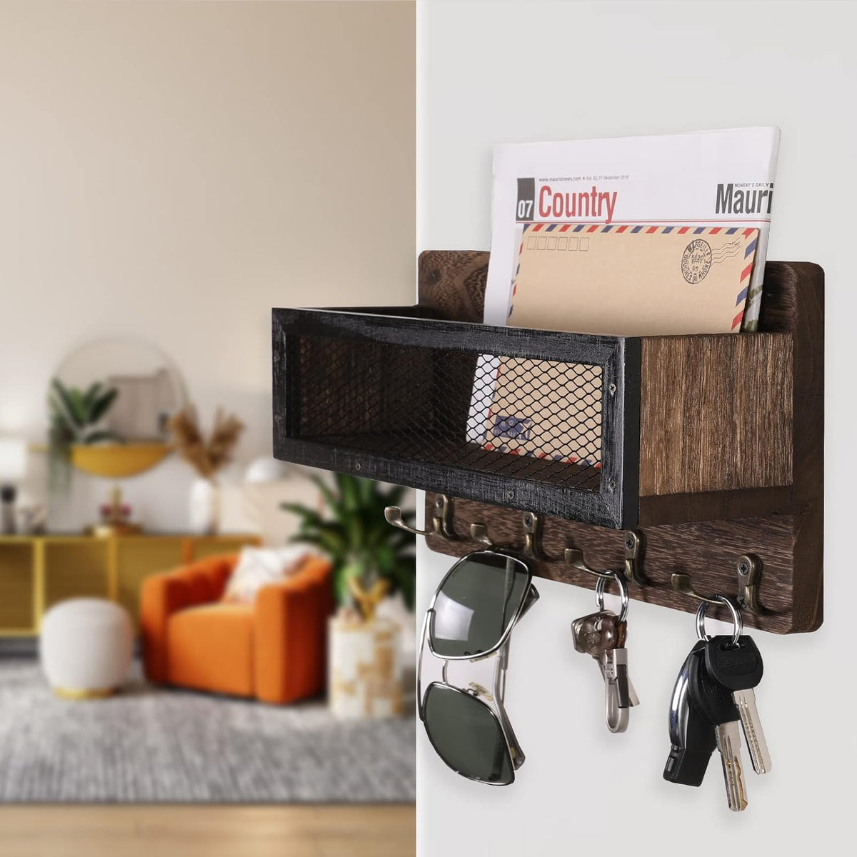 ADIIL Mail and Key Holder for Wall Decorative, Wooden Wall Mount Key Rack Hanger Organizer with 4 Double Key Hooks, Rustic Home Decor for Entryway Hallway, Brown