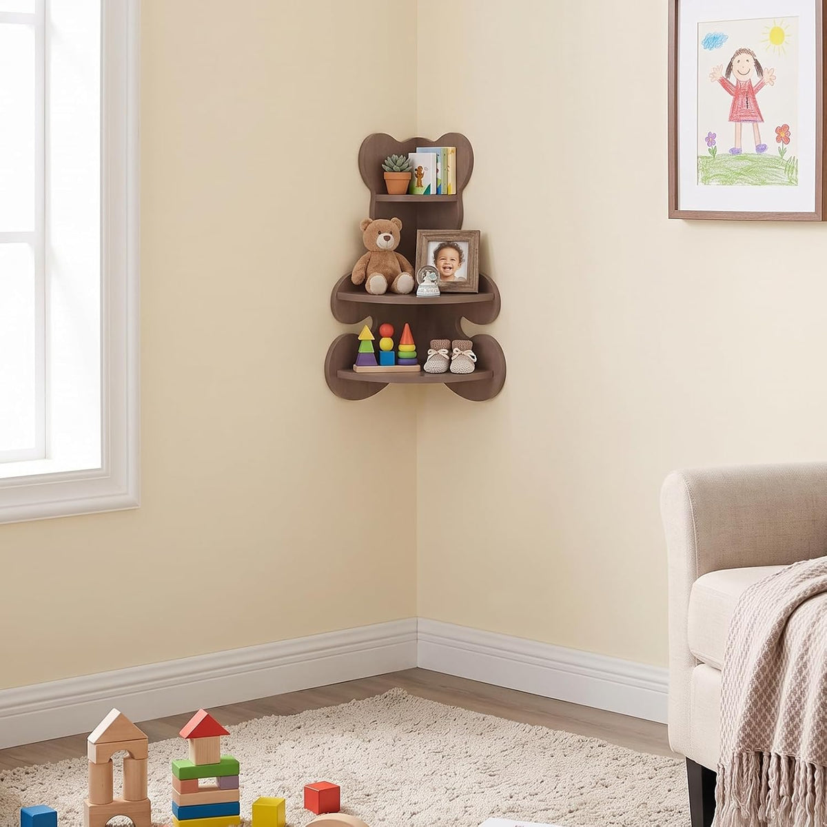 Novabright 3 Tier Bear Corner Shelf Wall Mounted Wooden Display 13.78 Inch