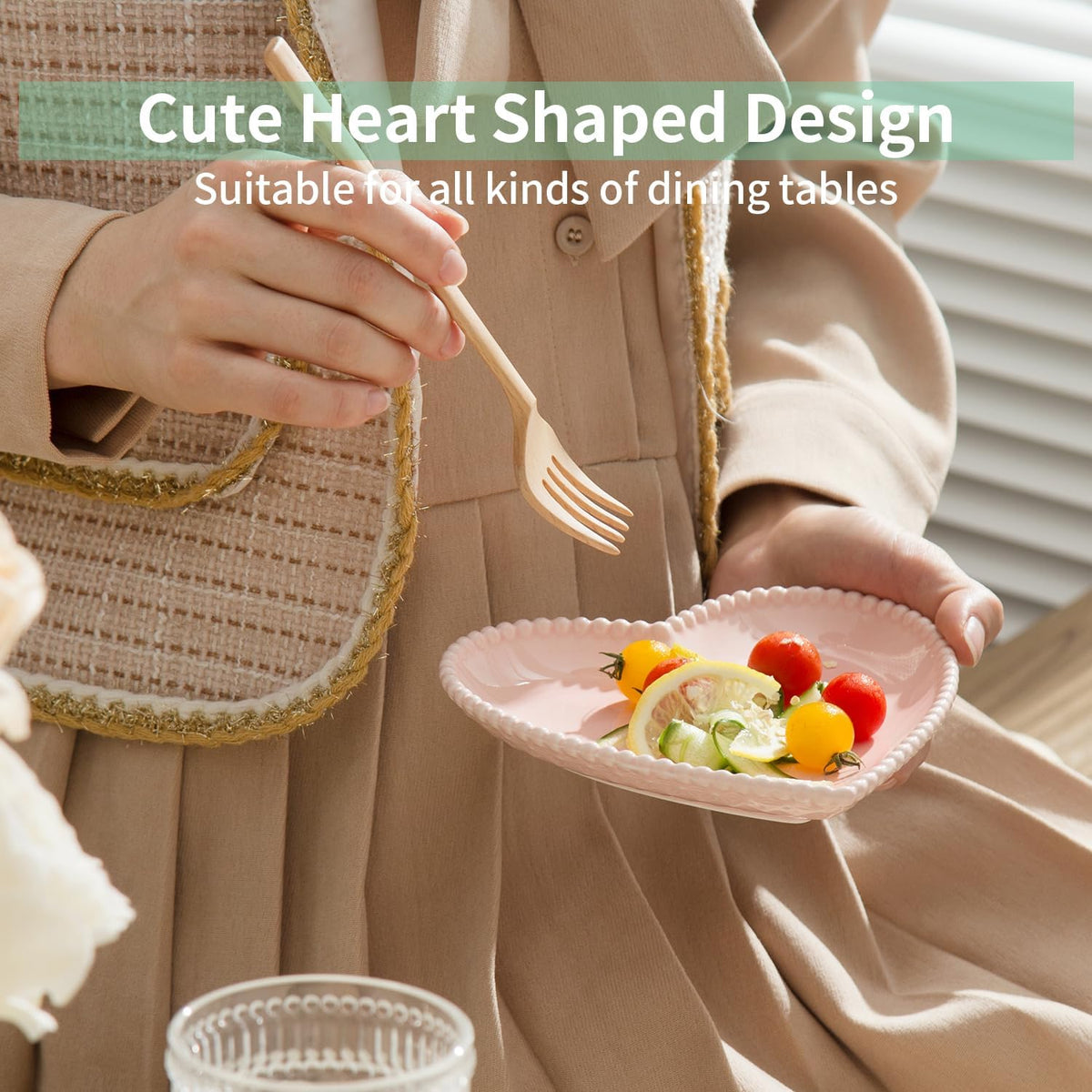 6.3 Inch Ceramic Pink Dessert Plates, Heart Shaped Appetizer Plate Set, 10P