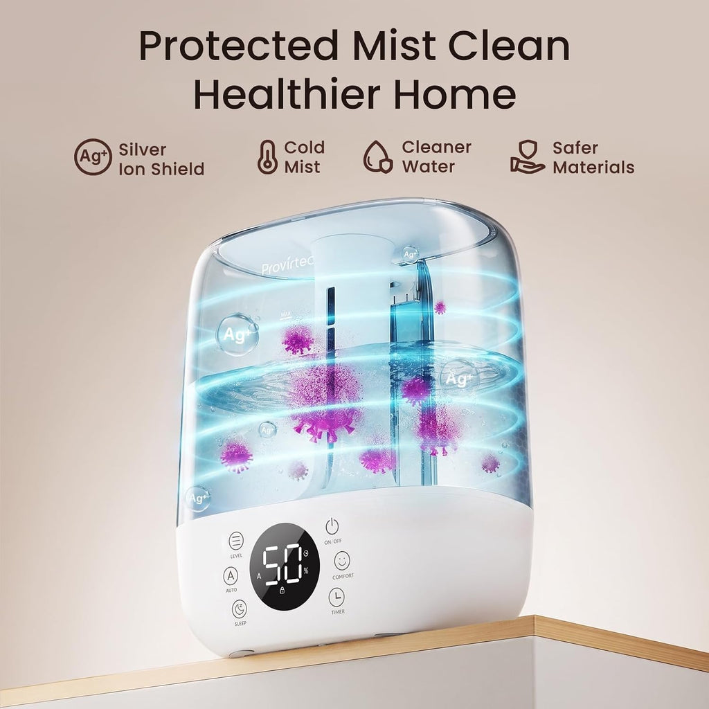 Provirtec Cool Mist Humidifier for Bedroom Easy to Clean, 6L Ultrasonic