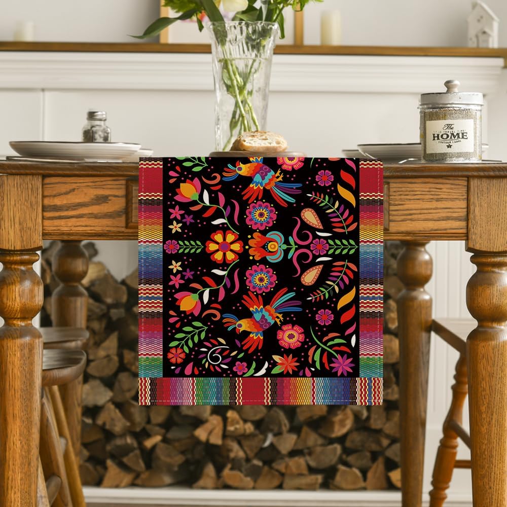 Artoid Mode Bird Dia De Los Muertos Serape Mexican Fiesta Table Runner, Cinco De Mayo Day of The Dead Kitchen Dining Table Decoration for Home Party Decor 13x120 Inch