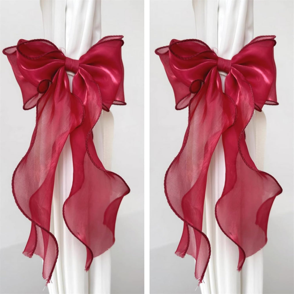 2 Pack French Silky Bow Curtain Tiebacks, Elegant Lace Ribbon for Curtains Decorative Rope Accessories Home Décor (Pink,2)