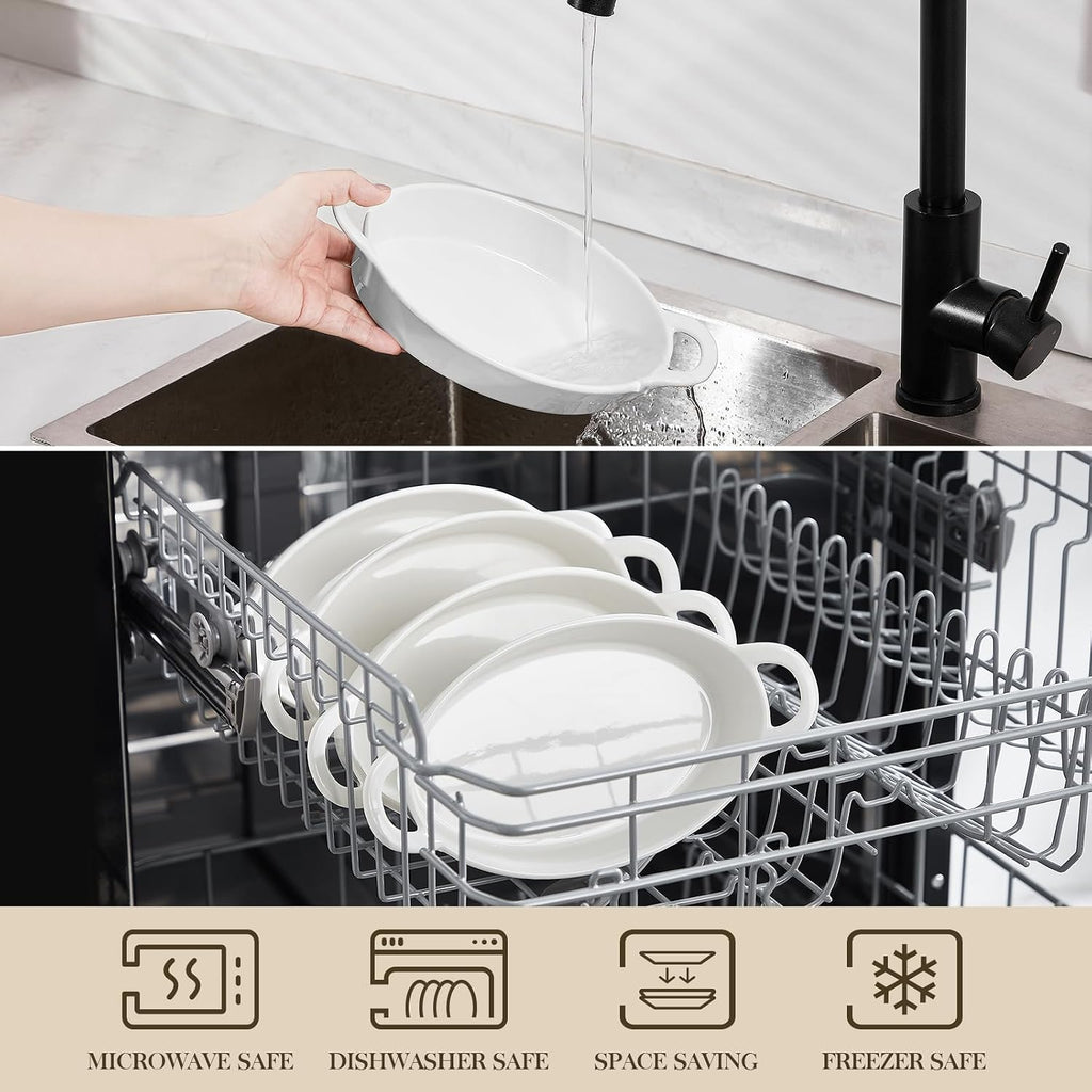 MALACASA Small Casserole Baking Dishes for Oven, Ceramic Oval Baking Dish Sets of 4, 8" x 5" Inch Au Gratin Baking Pans with Handles for Roasting, Lasagna, Pie, Baking Meat & Vegetables, White