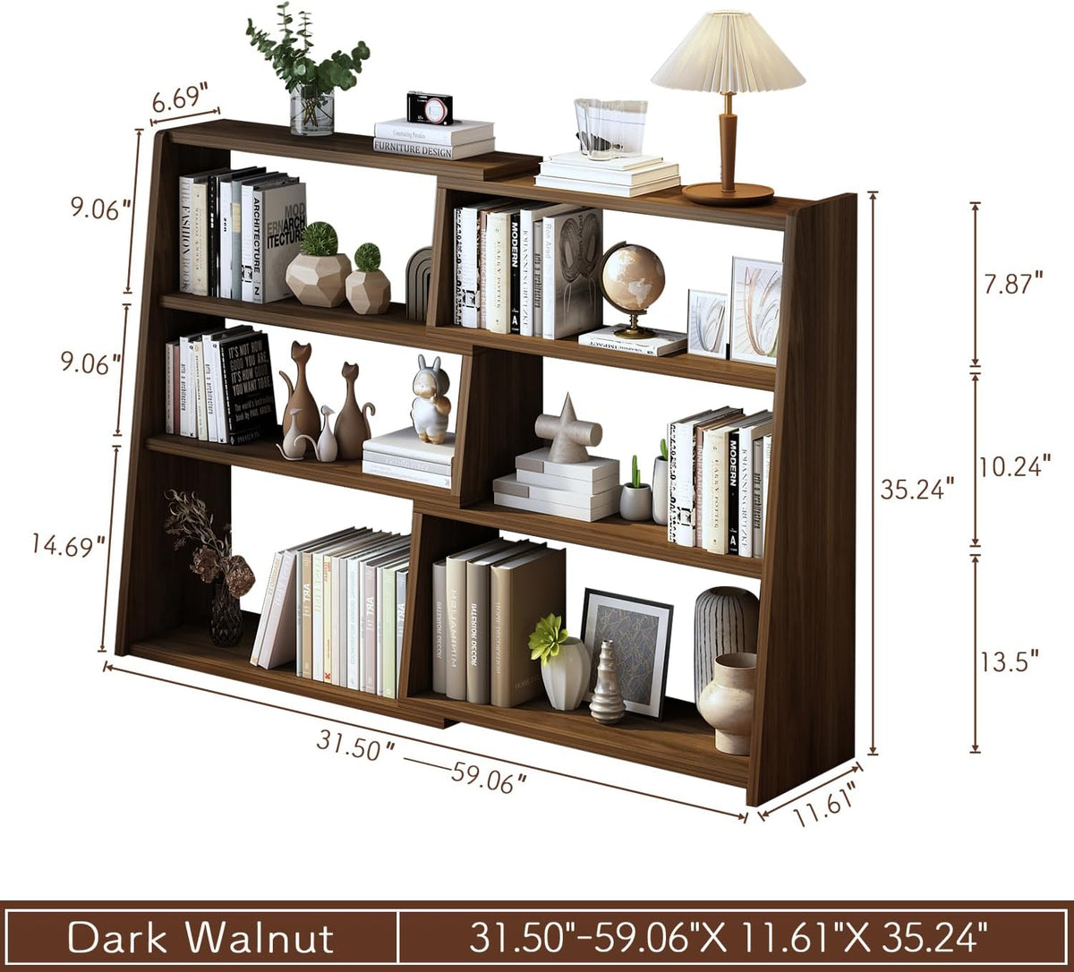 IOTXY Wooden Extendable Shelf Bookcase, 3-Tier Low Bookshelf, Walnut, L