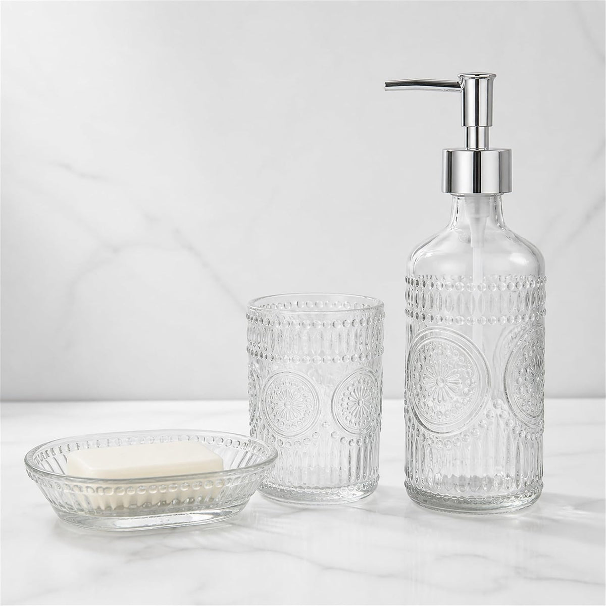 3PCS Glass Bathroom Accessories Set, Clear Soap Dispenser, Toothbrush Holder, Soap Dish, Modern Elegant Bathroom Decor for Housewarming Gift
