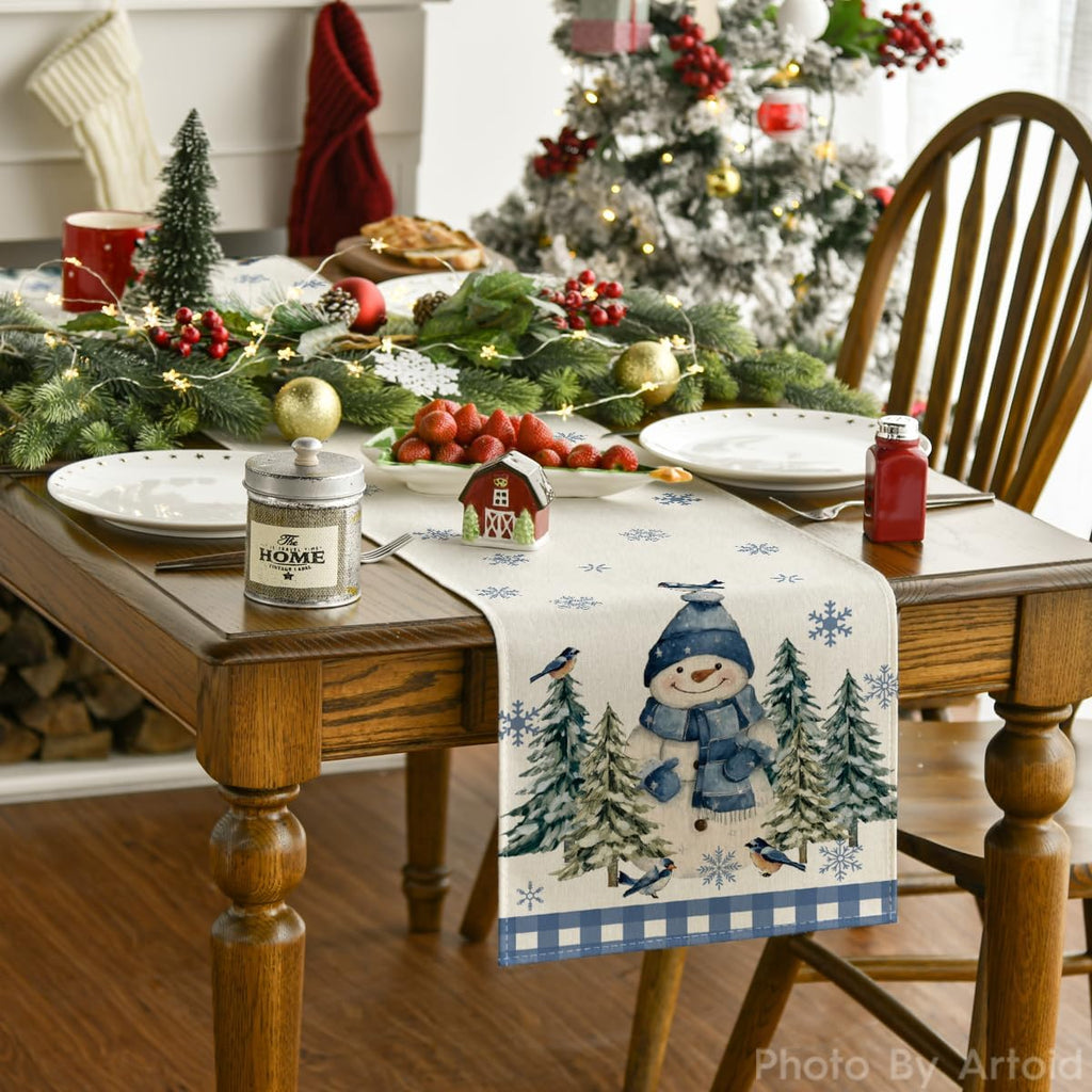 Artoid Mode Blue Snowman Winter Table Runner Home Party Decor 13x90 Inch