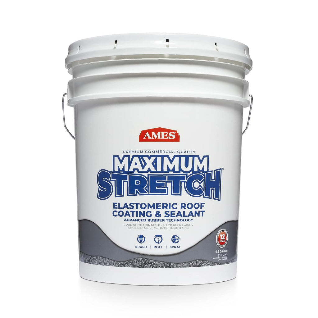 Ames Maximum Stretch - Waterproof Sealant Membrane - Perfect For Roofing, Repairs, Concrete, EPDM & Wood - Liquid Rubber Sealer - Up To 650% Elastic - Made in USA, White, 4.6 Gallon (Pack of 1)