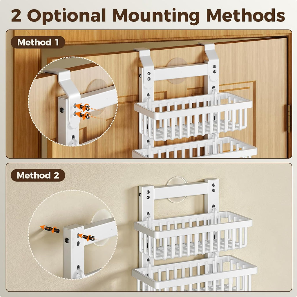 9 Tier Narrow Over The Door Pantry Organizer, 2 in 1 Wall Mount or Hanging Spice Rack with Adjustable Deep Basket, Heavy-Duty Seasoning Organizer and Storage for Kitchen Closet Bathroom (White)