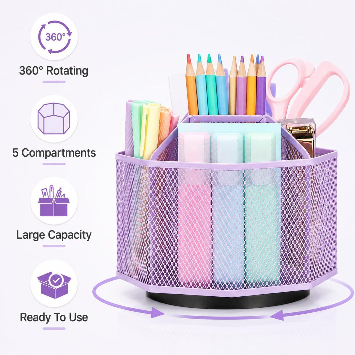 Exerz Desk Organizer 360 Rotating Pen Holder Storage Caddy Light Purple