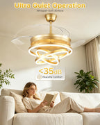 48 Inch Retractable Ceiling Fan with Lights, Gold Fandelier Chandelier Fan with Remote, 6-Speed Silent DC Motor, 3000K-6500K Dimmable LED Light, Modern Ceiling Fan for Bedroom Living Room Dining Room