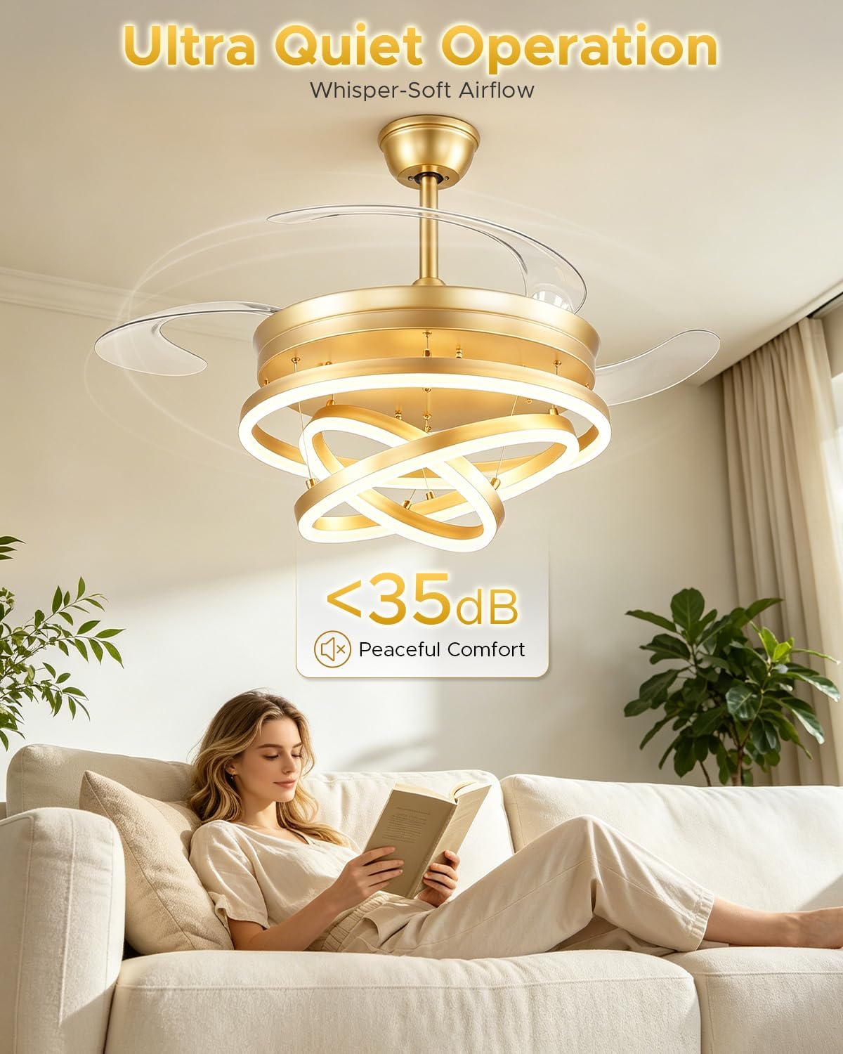 48 Inch Retractable Ceiling Fan with Lights, Gold Fandelier Chandelier Fan with Remote, 6-Speed Silent DC Motor, 3000K-6500K Dimmable LED Light, Modern Ceiling Fan for Bedroom Living Room Dining Room