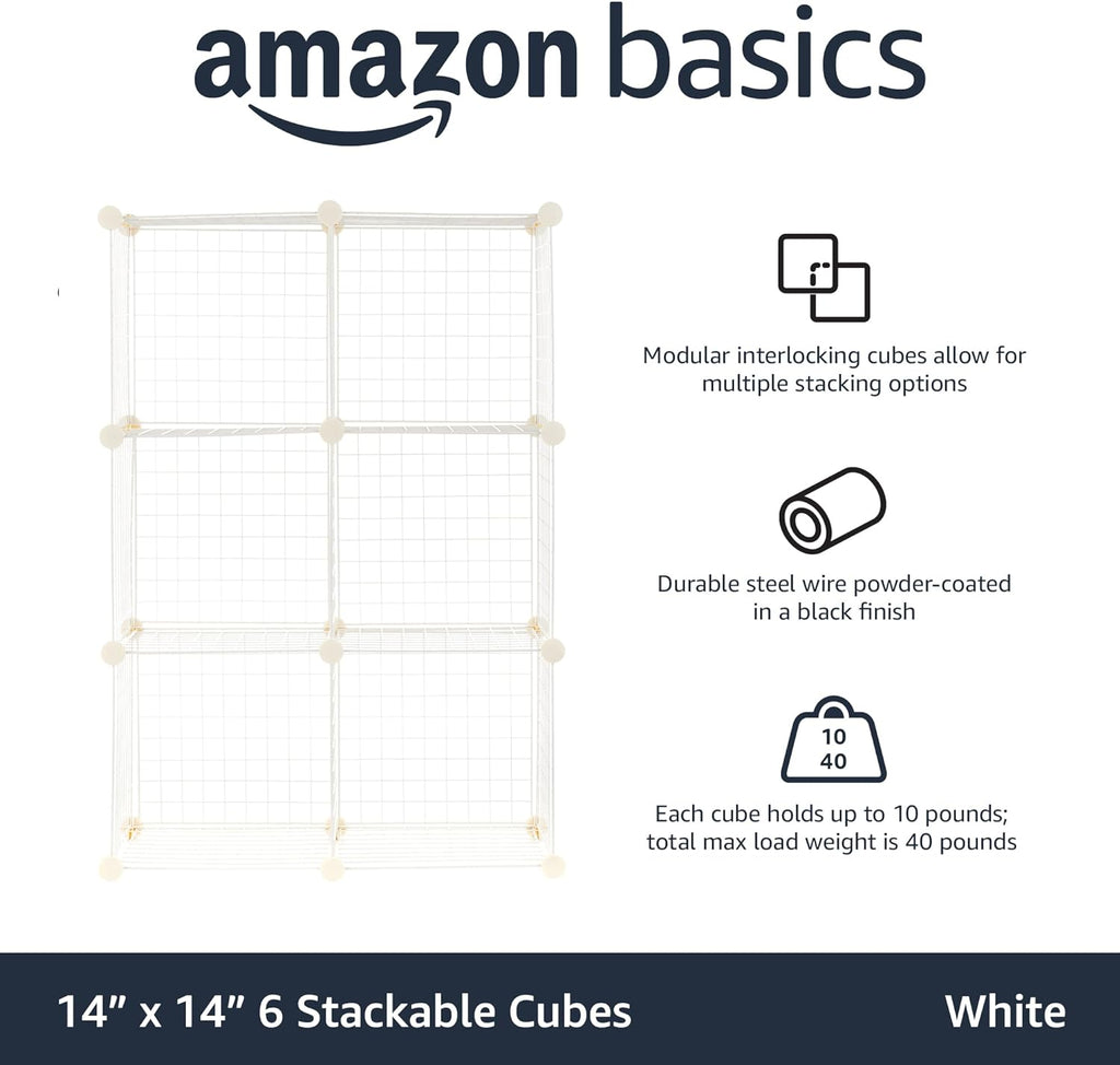 Amazon Basics 6 Cube Wire Grid Storage Organizer, Stackable Storage Cubes, Modular Closet Organizer Shelves, 14.6" D x 30.3" W x 44.8" H, White