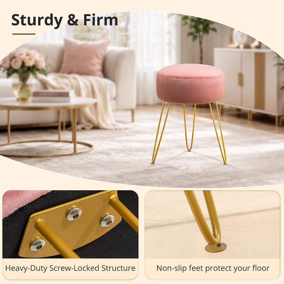 LUE BONA Vanity Stool, Pink Vanity Stools for Makeup Room, Round Ottoman Foot Stool, Velvet Footrest Vanity Chair for Bathroom Vanity, Bedroom, Living Room, Entryway, Offices, 300lbs