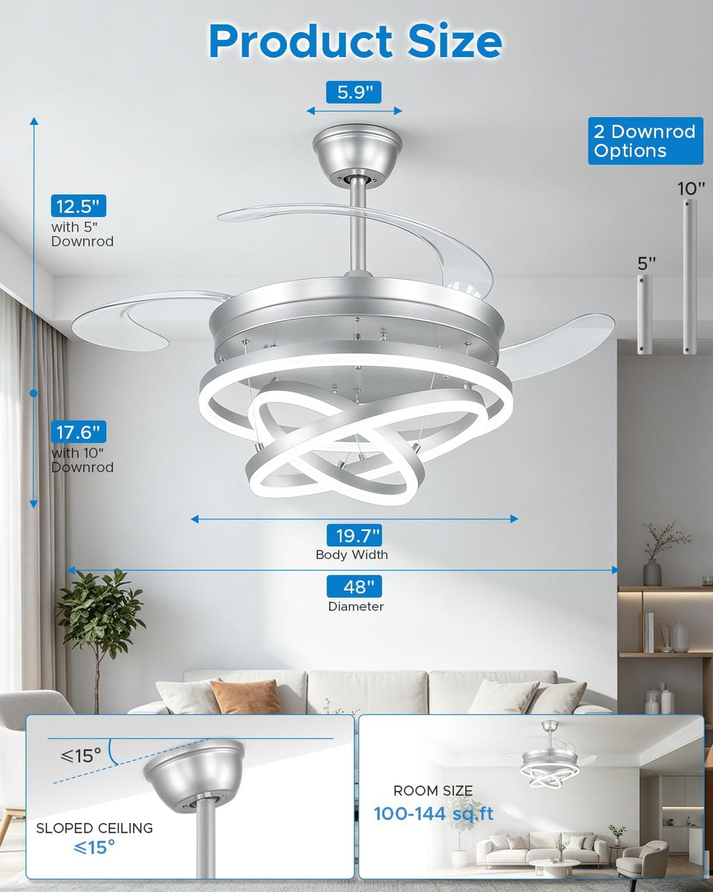 48 Inch Retractable Ceiling Fans with Lights and Remote, Modern Chandelier Fandelier Ceiling Fans, Quiet Reversible DC Motor, 6 Speeds, 3 Color Dimmable LED for Bedroom Living Room (Silver)