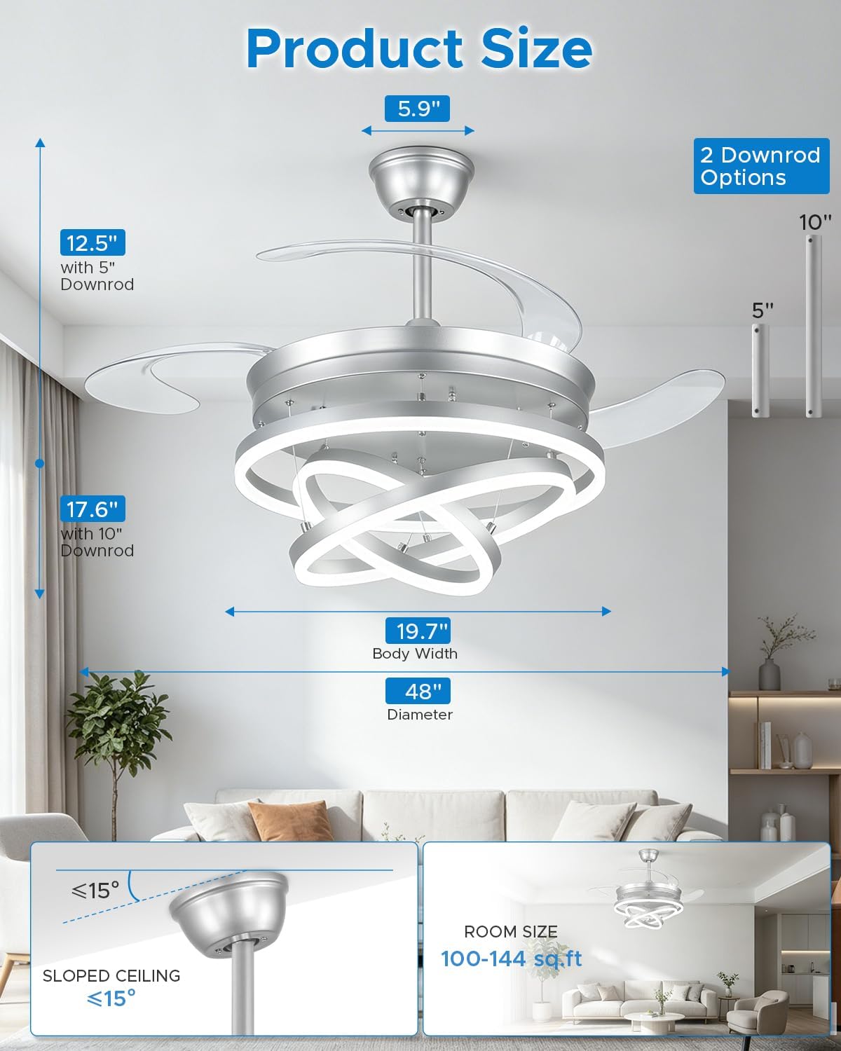48 Inch Retractable Ceiling Fans with Lights and Remote, Modern Chandelier Fandelier Ceiling Fans, Quiet Reversible DC Motor, 6 Speeds, 3 Color Dimmable LED for Bedroom Living Room (Silver)