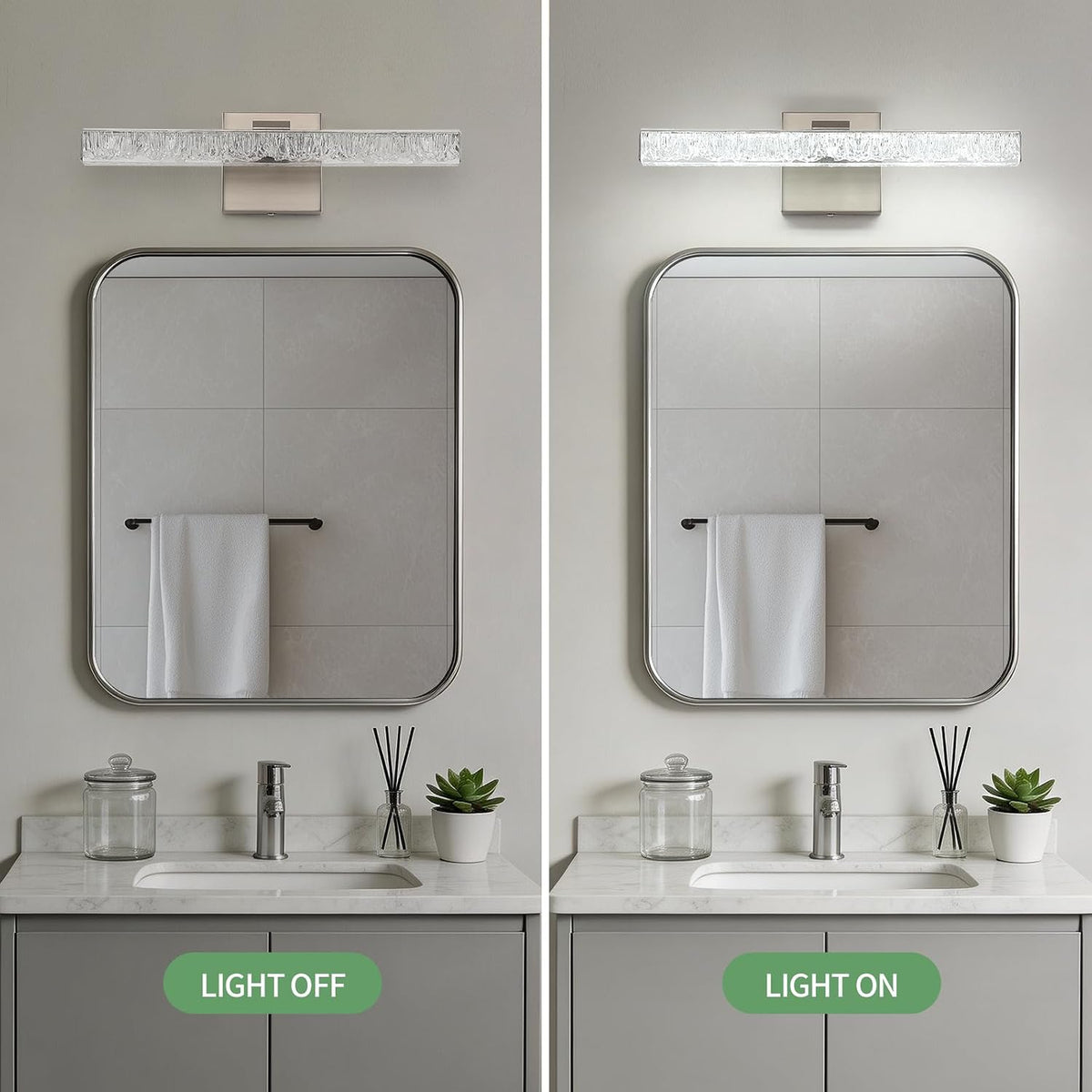 16 Inch Brushed Nickel LED Bathroom Vanity Light Fixtures, Iceberg Crushed Acrylic Modern Wall Sconce Lighting Over Mirror, 5500K Cool White Linear Vanity Lamp for Mirror Cabinet Powder Room
