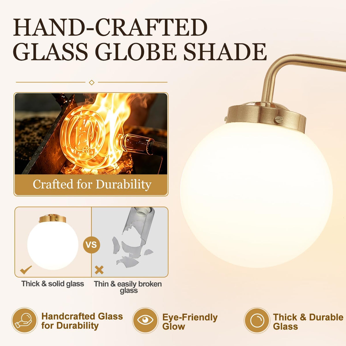 Modern Brushed Gold Vanity Lights for Bathroom, Mid Century 3 Light Bathroom Vanity Light with Globe Milky White Glass Shade Over Mirror, Brass Wall Sconce for Bathroom Hallway Living Room Bedroom