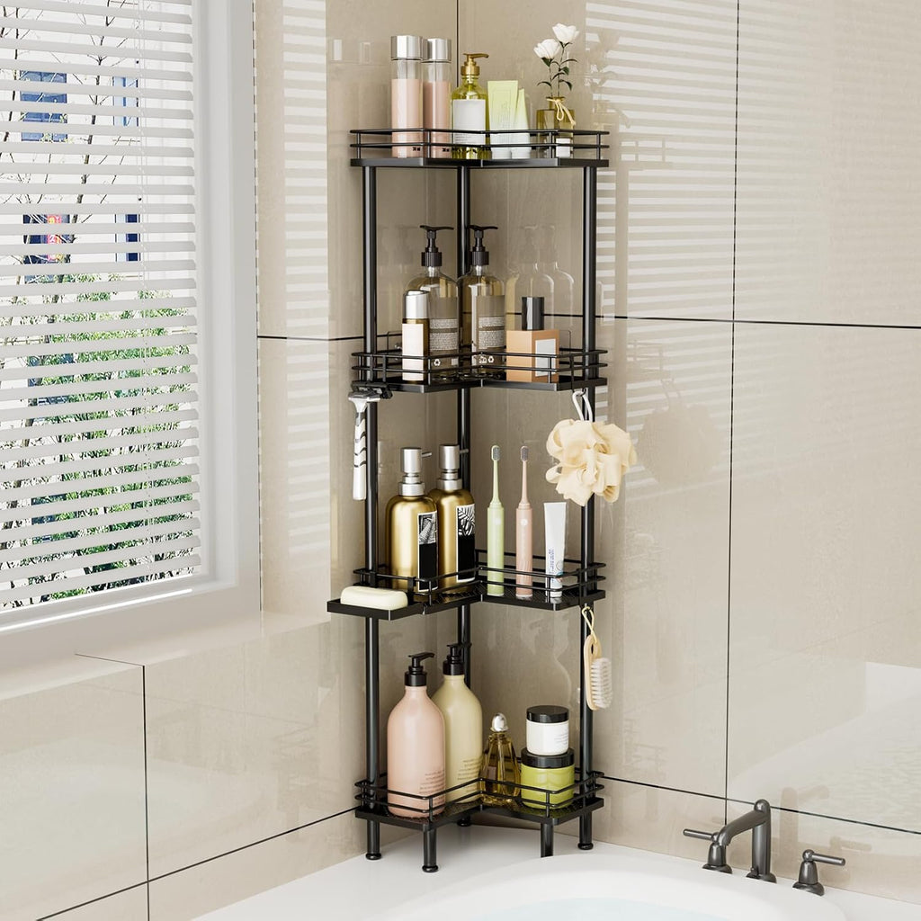 Corner Shower Caddy Standing - 4-Tier Stainless Steel Shower Organizer with Soap Holder and 4 Hooks, Large Capacity Corner Shelf Stand for Bathroom, Rest Room, Black