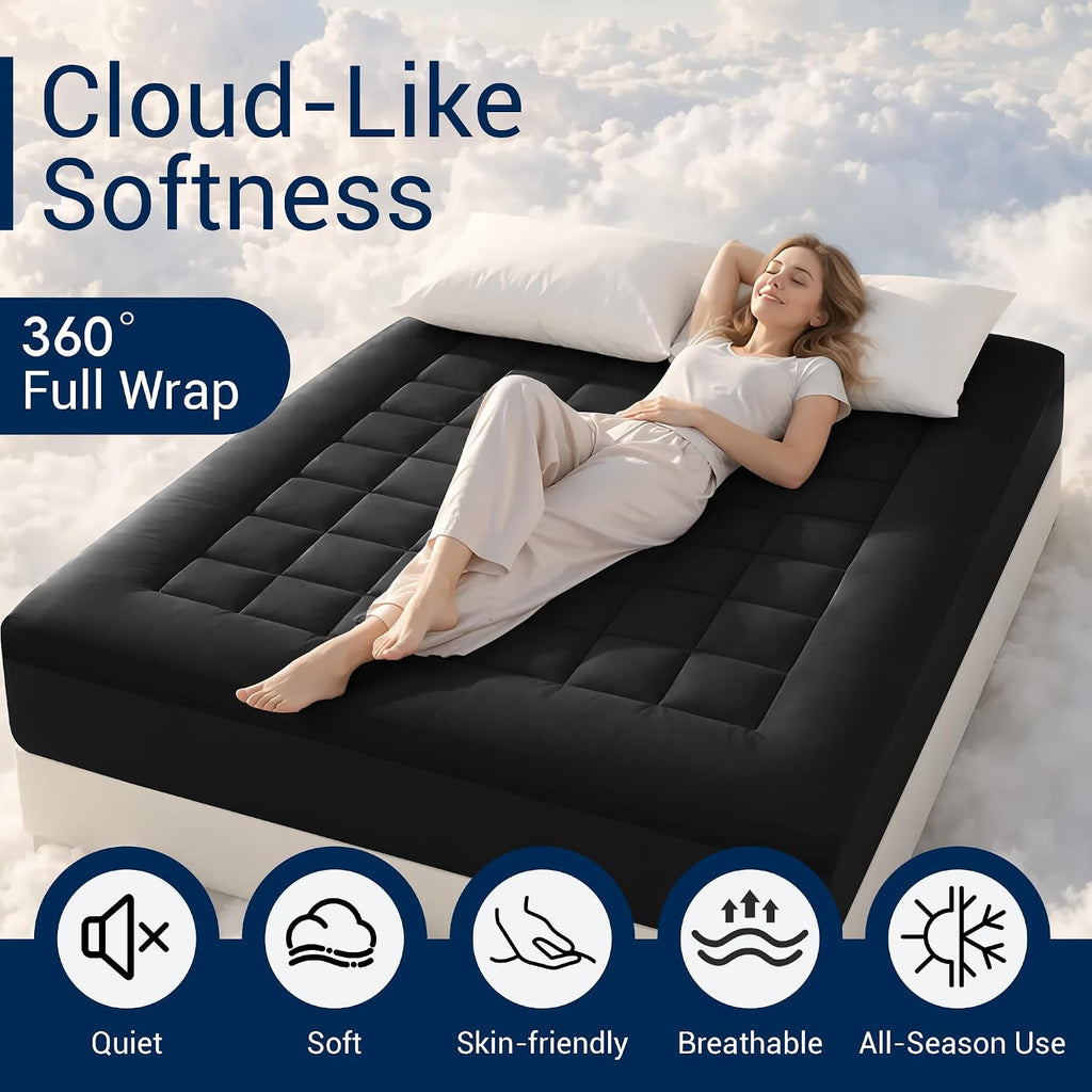 Breathable and Comfortable Mattress pad for Back Pain Relief. Features a 360° Full Enclosure Design to Prevent Slipping and Shifting（Black,Twin 38"x75"）