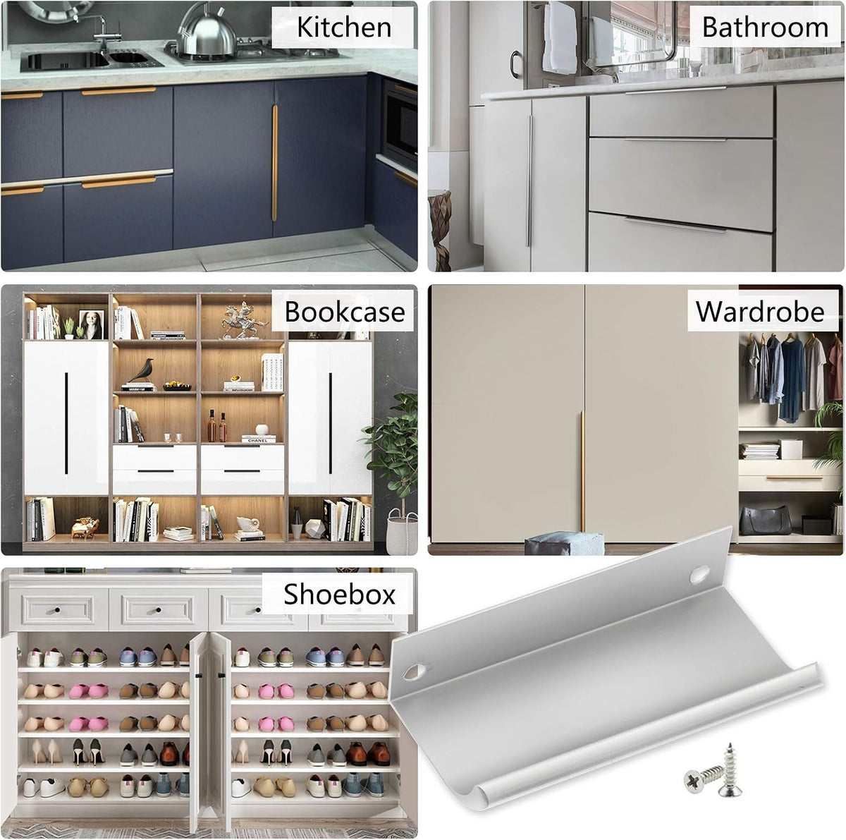 12 PCS 80mm Silver Aluminum Edge Pull, Concealed Cabinet Handle