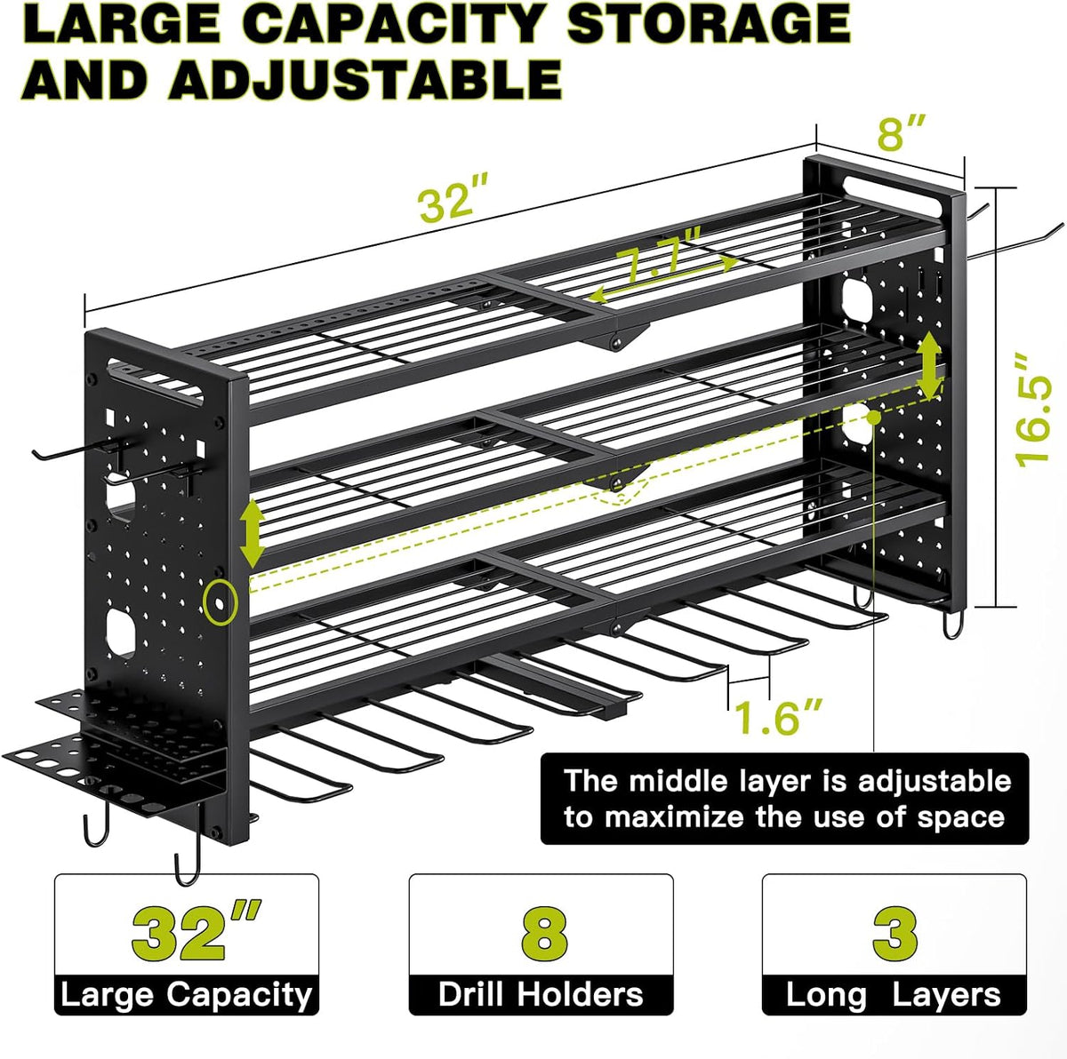 Power Tool Drill Holder Wall Mount, 4Tier Garage Organizer, Black