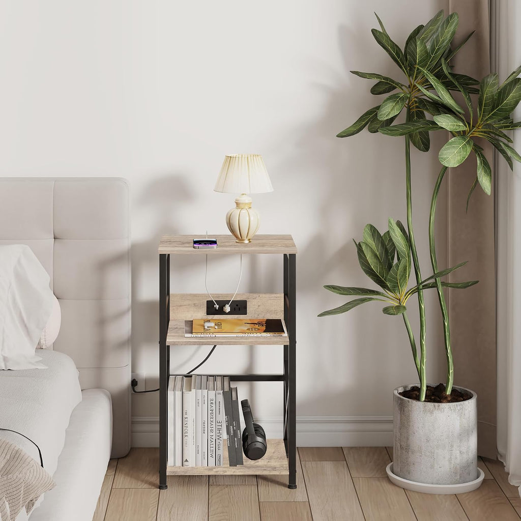 DALEMHOME Record Player Stand with Charging Station, 3-Tier Side Table for 100 Vinyl Storage, End Table for Living Room, Bedroom, Greige HKET1001GY