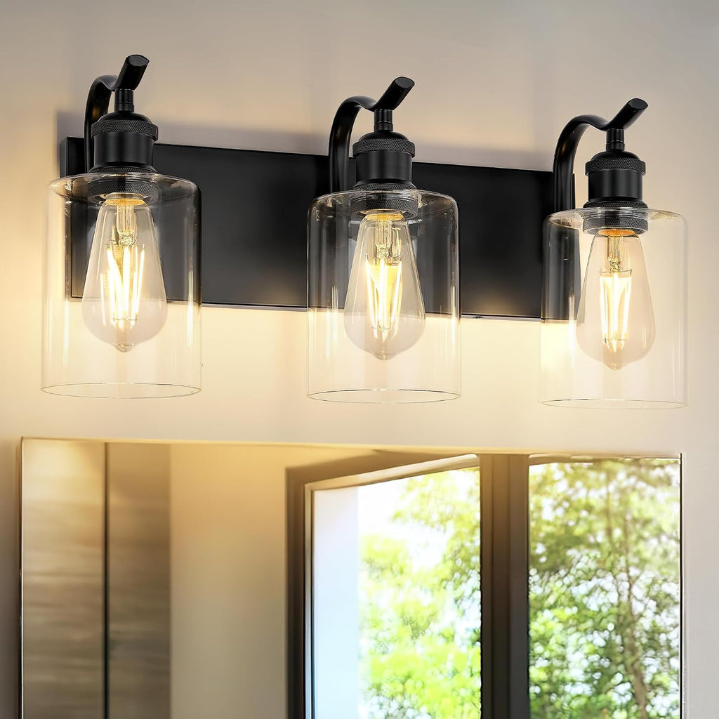 3-Light 19 Inch Bathroom Vanity Light,Clear Glass,Black