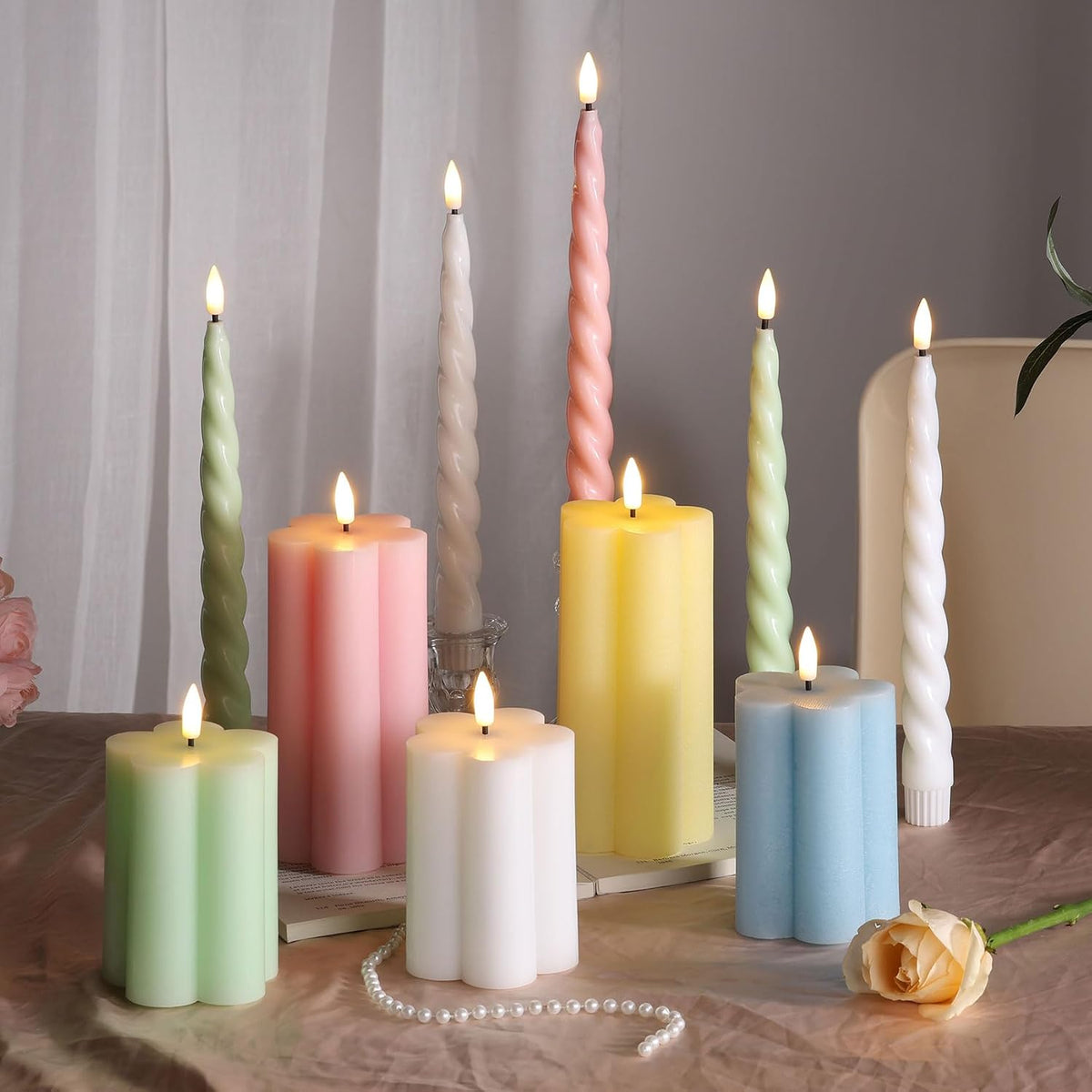 Green Flameless Pillar Candles with Remote, Flickering LED Wax Candles Battery Operated, Aesthetic Home Decor Set of 2
