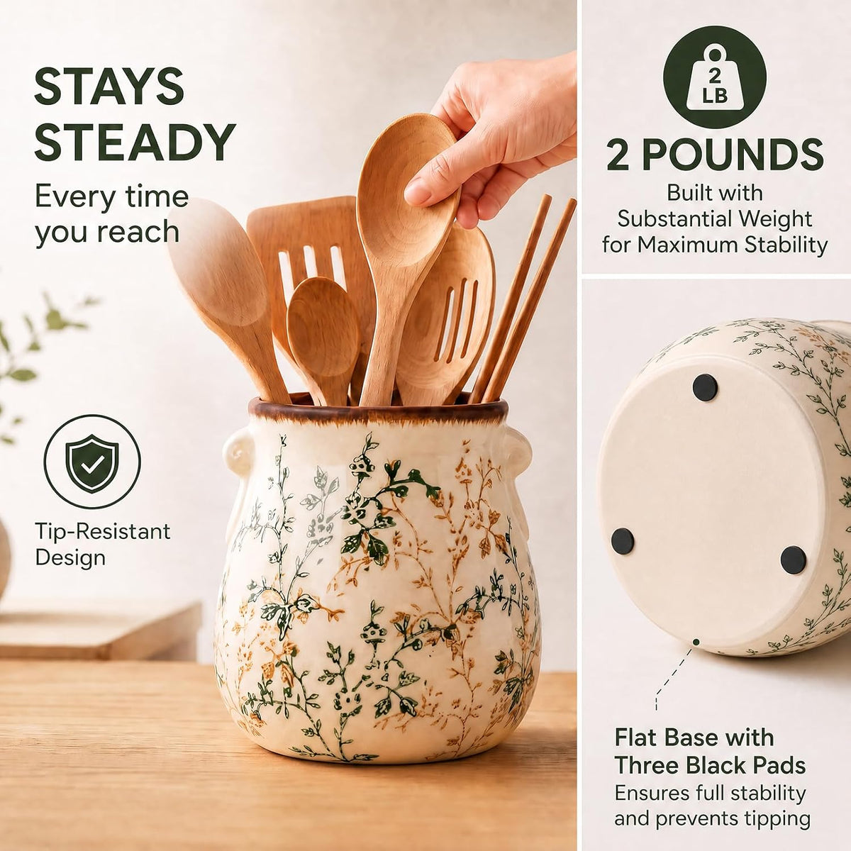 Utensil Holder for Kitchen Counter Ceramic Cooking Utensil Crock Organizer for Countertop Heavy Large Holder for Spatulas Spoons Kitchen Counter Decor Vintage Floral Vine