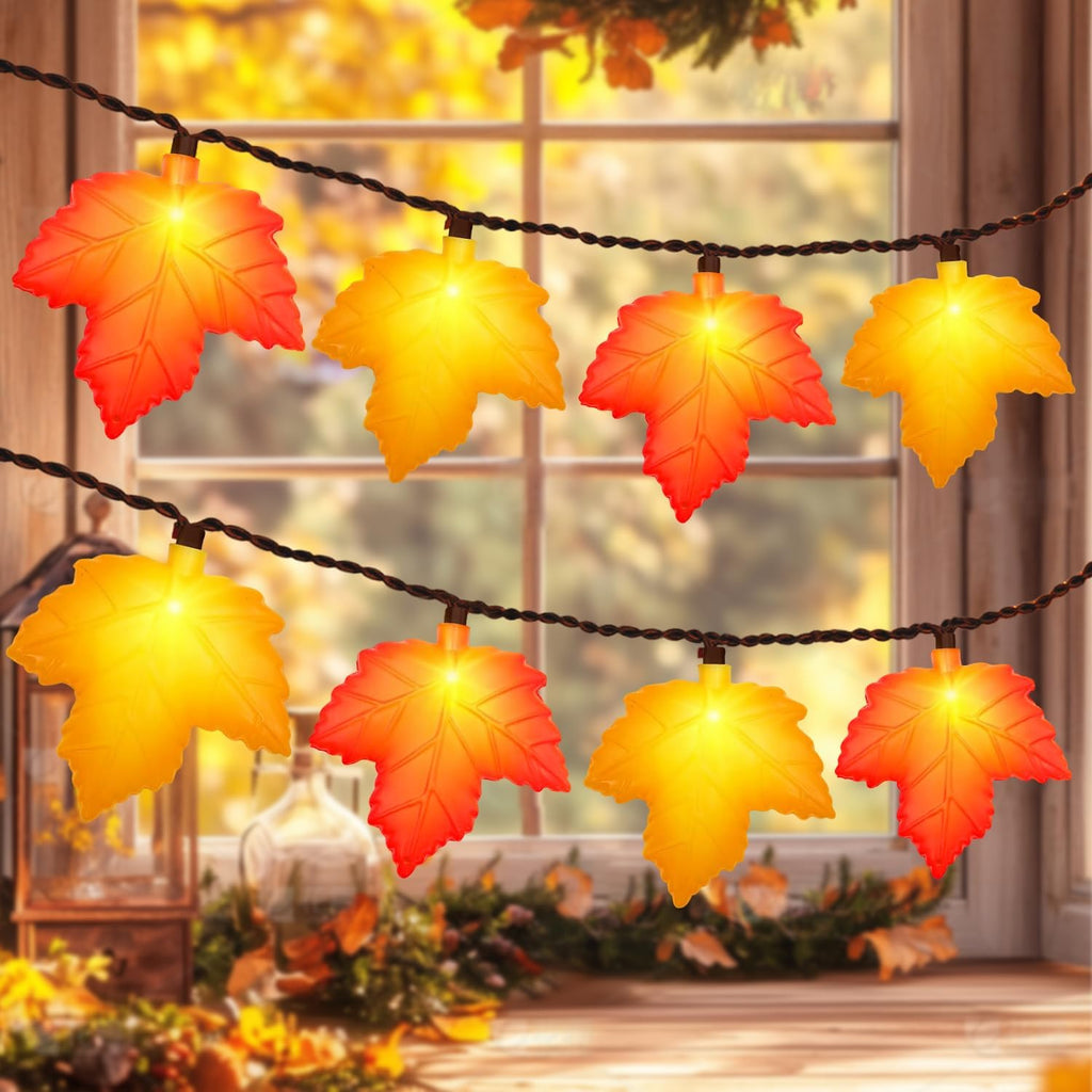 Fall Decor Maple Leaf Lights, 8.5Ft Fall String Lights Plug In with 10 LED Orange & Yellow Maple Leaf Light, Fall Leaves Light Indoor Outdoor for Home Fireplace Party Harvest Thanksgiving Decorations