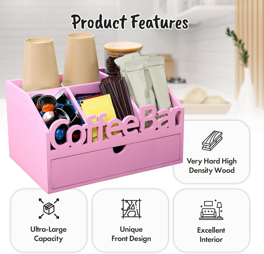 Coffee Bar Organizer Countertop, Wood Coffee Station with Drawer, Pink