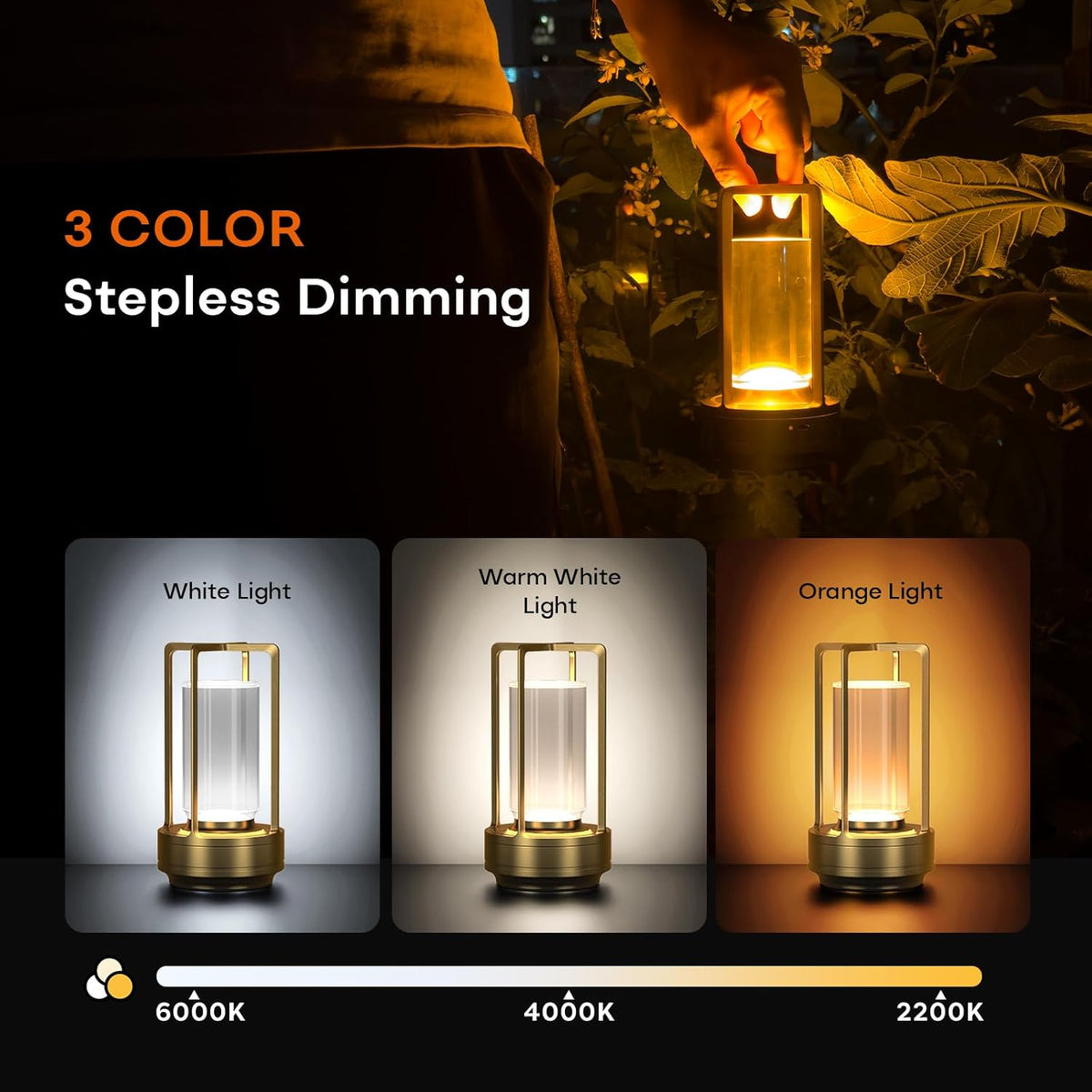 Portable Metal Table Lamp for Indoor/Outdoor，Rechargeable Cordless 3 Colors