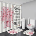 AZHM 4pcs Pink Floral Bathroom Shower Curtain Set with Rugs and Accessories