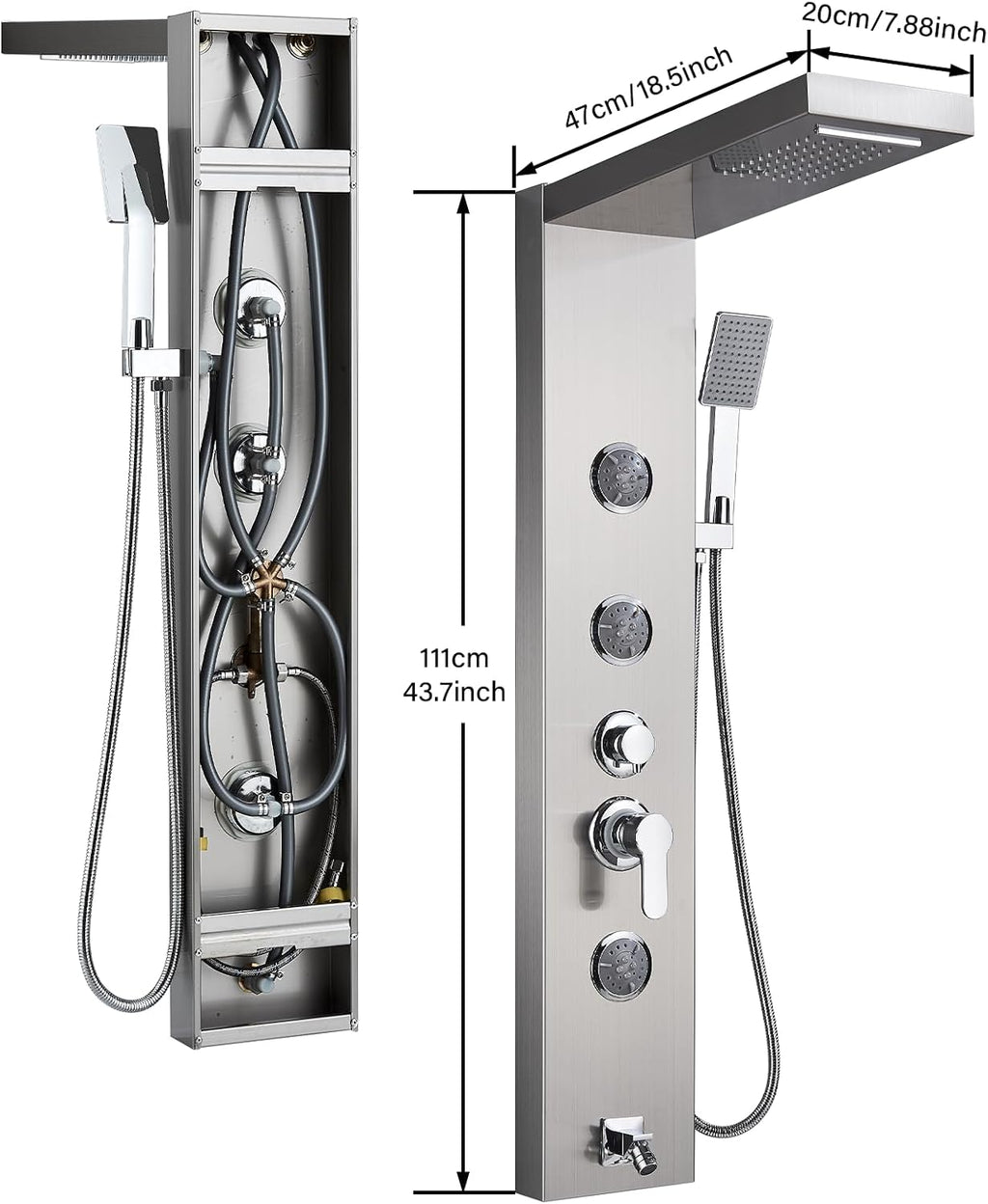 Shower Panel Massage Jets Rainfall Waterfall Shower Head, Shower Stainless Steel Wall Mount Massage Multi-Function Bathroom Shower Panel Tower System, Brushed Nickel……
