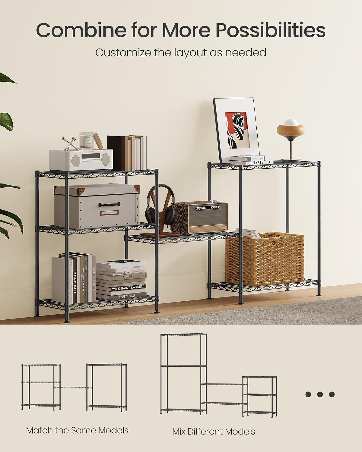 SONGMICS 3-Tier Storage Shelves, Adjustable Wire Shelving Unit, 8 Hooks