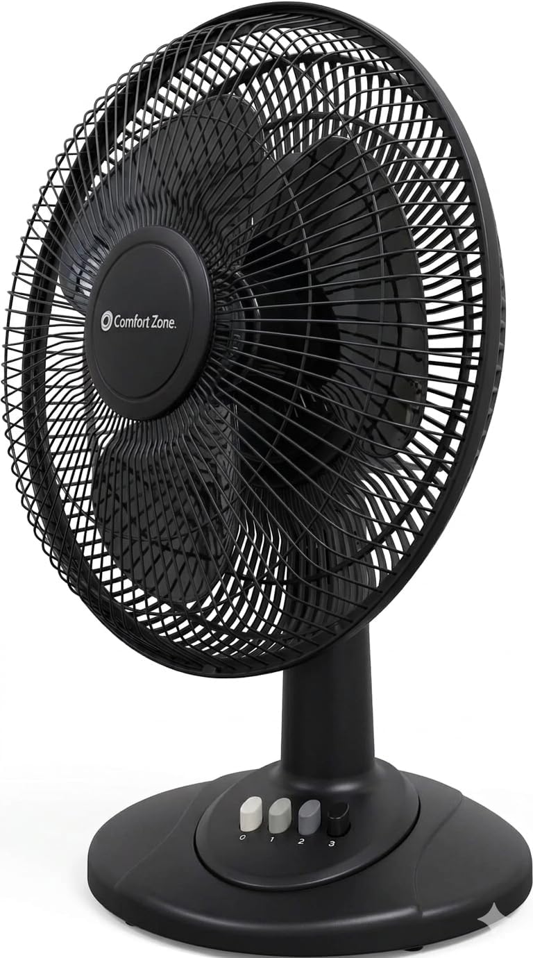 Comfort Zone Oscillating Table Fan with Adjustable Tilt, Convenient Push Button Controls, Quiet, 12 inch, 3 Speed, Desk Fan, Airflow 7.25 ft/sec, Ideal for Home, Bedroom, Dorm & Office, CZ121BK