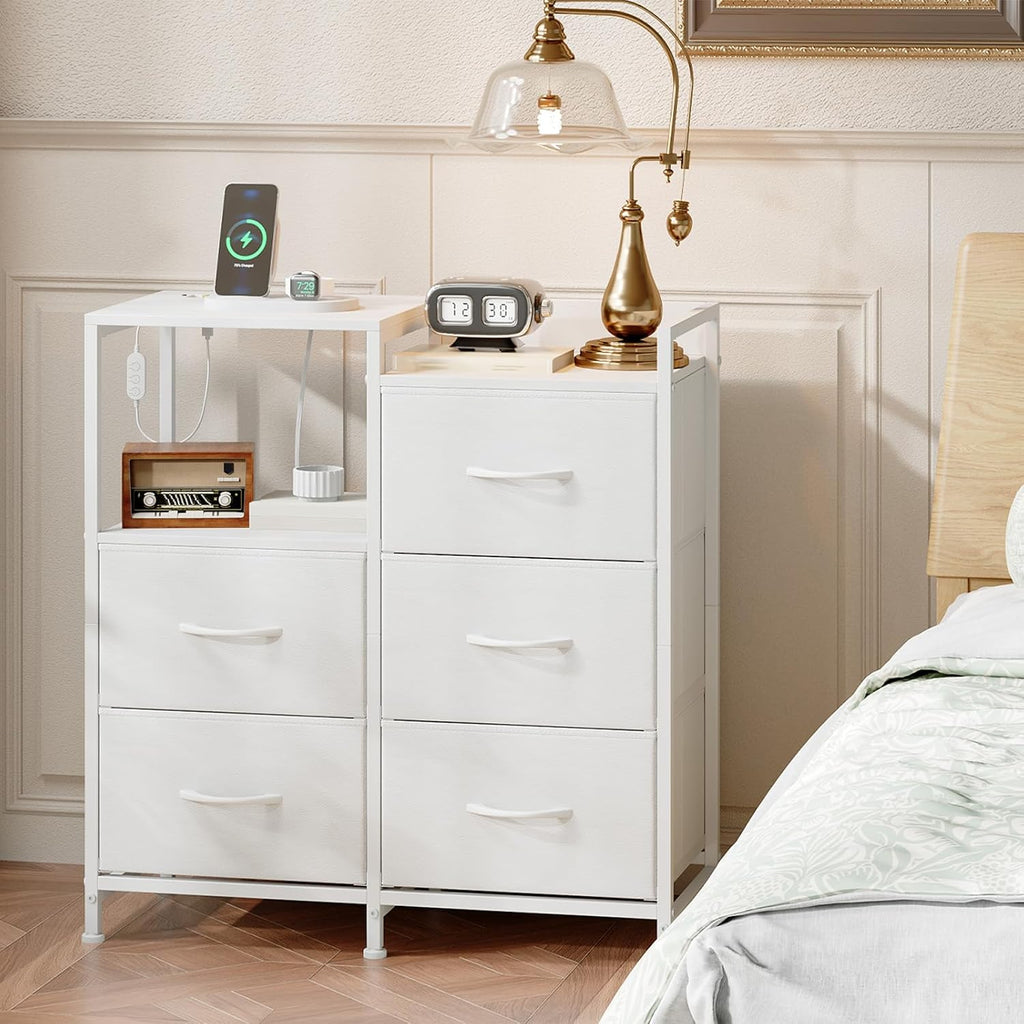 Somdot Wide Bedroom Nightstand with 5 Drawers, Charging Station & LED Light