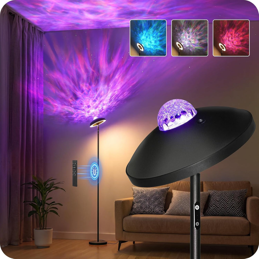 LED Floor Lamp with RGB Galaxy Projector, 18W Double Sided Corner Light Rotatable, Dimmable Standing Lamp with Remote, Black Modern Lamp for Living Room, Bedroom, Kids Room, Gaming B14LD05