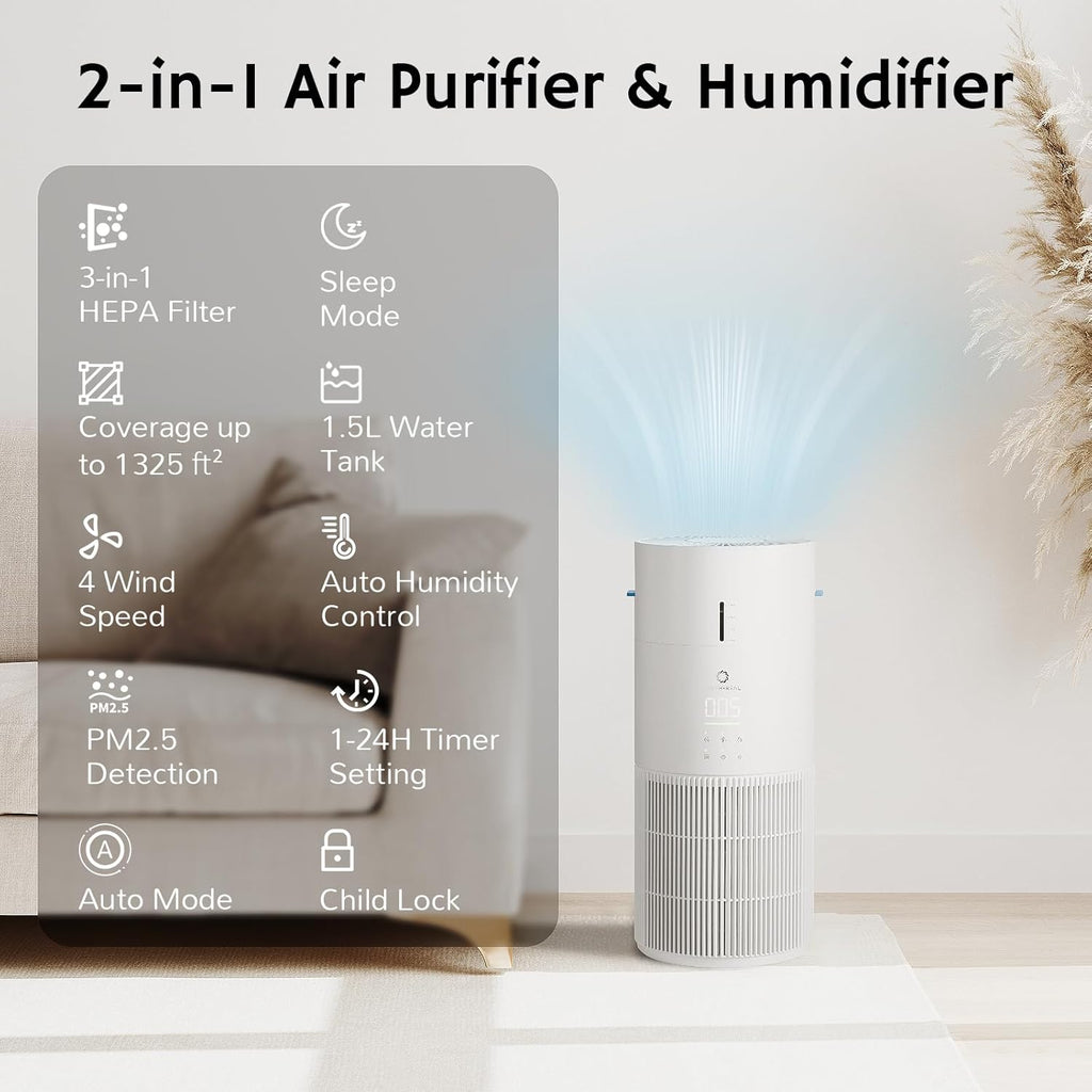 AIRTHEREAL 2-in-1 Air Purifier & Humidifier for Large Room Up to 1200 ft²