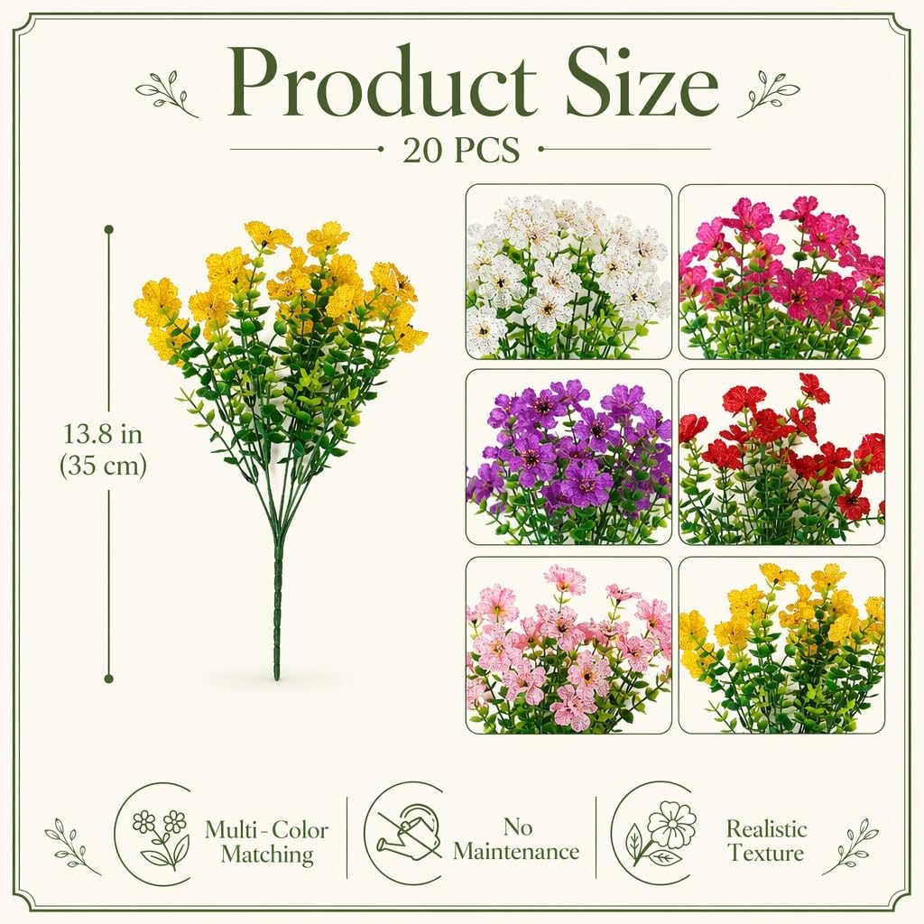 20 Bundles Artificial Flowers UV Resistant Plastic 6 Mixed Color