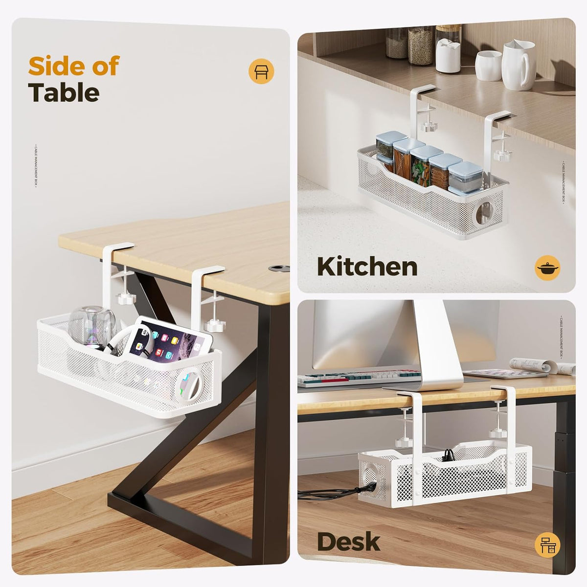 Under Desk Cable Management Tray, 13.4" Metal Cord Organizer, White
