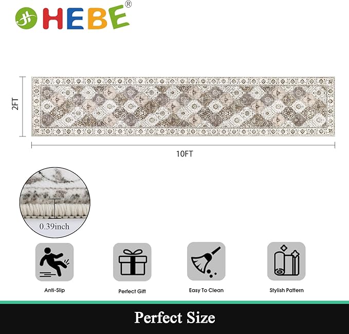 HEBE Hallway Runner Rug 2'x10' Washable Vintage Distressed Area Rugs Non Slip - Image 2