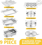 P&P CHEF 9 PCS Baking Pans Sheets, Stainless Steel Bakeware Set for Cooking