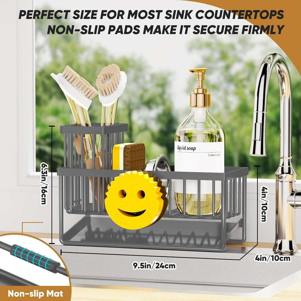 Sponge Holder for Kitchen Sink,Smiley Face Sink Caddy with Removable Brush Holder,Self-Draining Sponge Caddy for Soap,Dish Brush,Scrubber,Kitchen Essentials and Gadgets-Charcoal Gray