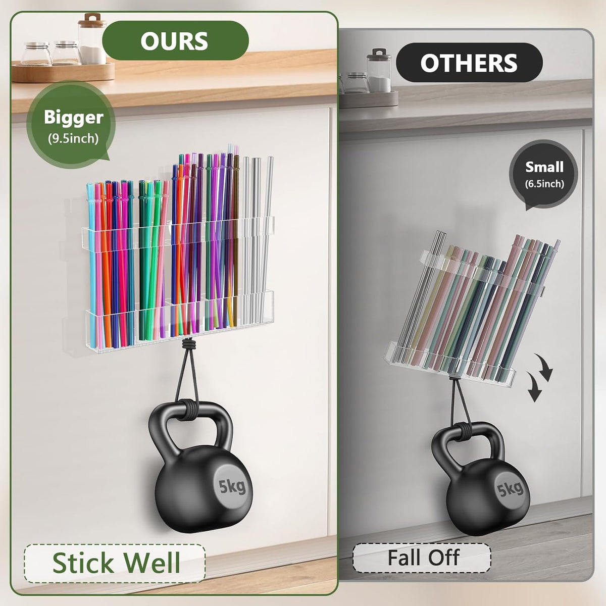 Malldii 9.5" Large Acrylic Straw Holder for Cabinet Door - Adjustable Reusable Straw Organizer Storage, Small Kitchen Accessories Container, Ultra Sticky Cupboard Door Mounted (Transparent)