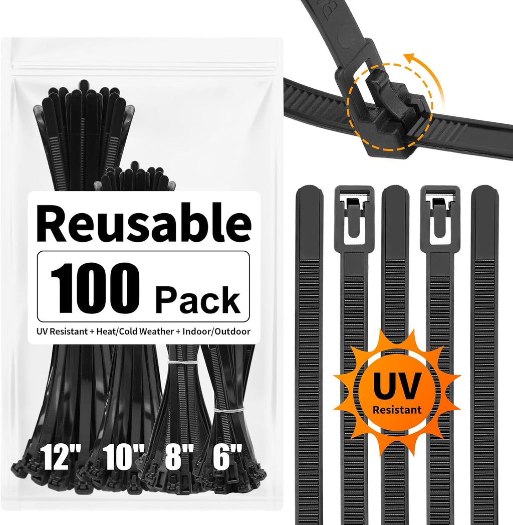 100 Pack Reusable Zip Ties Assorted Sizes 6 8 10 12 Inch Black Cable Ties