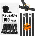 100 Pack Reusable Zip Ties Assorted Sizes 6 8 10 12 Inch Black Cable Ties