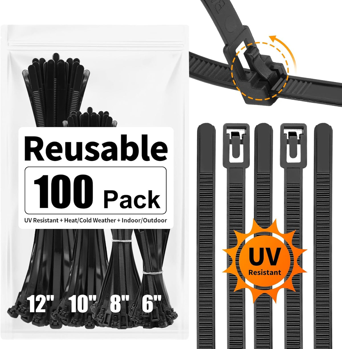 100 Pack Reusable Zip Ties Assorted Sizes 6 8 10 12 Inch Black Cable Ties