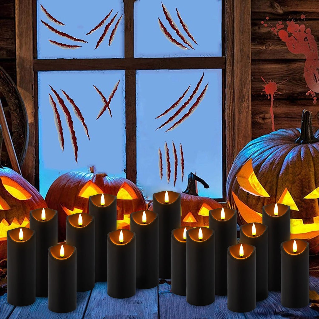 YOROXRG 12 Pack Halloween Decoration Flickering Flameless Candles, Battery Operated LED Pillar Candles with Remote Control and Timer.for Home Decor (D2.2 xH 5" 6" 7" Black)