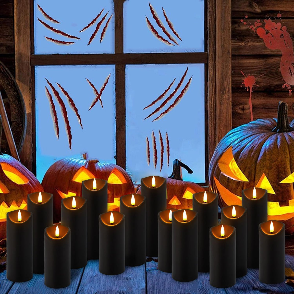 YOROXRG 12 Pack Halloween Decoration Flickering Flameless Candles, Battery Operated LED Pillar Candles with Remote Control and Timer.for Home Decor (D2.2 xH 5" 6" 7" Black)